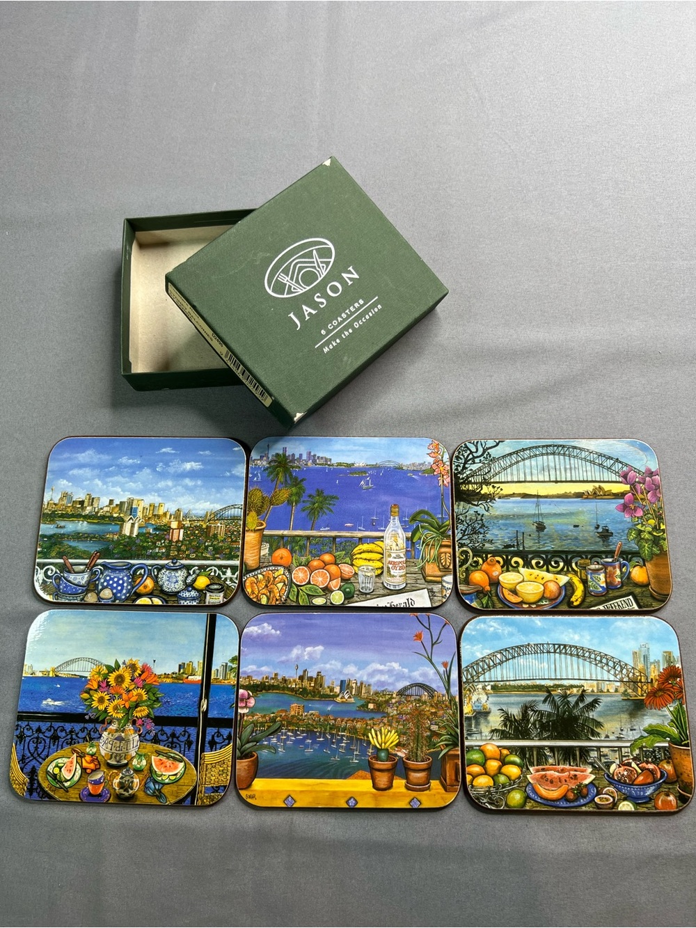 Vintage Jason Sydney Balconies by Sarina 6 Coaster Set w/ Box Australian Art